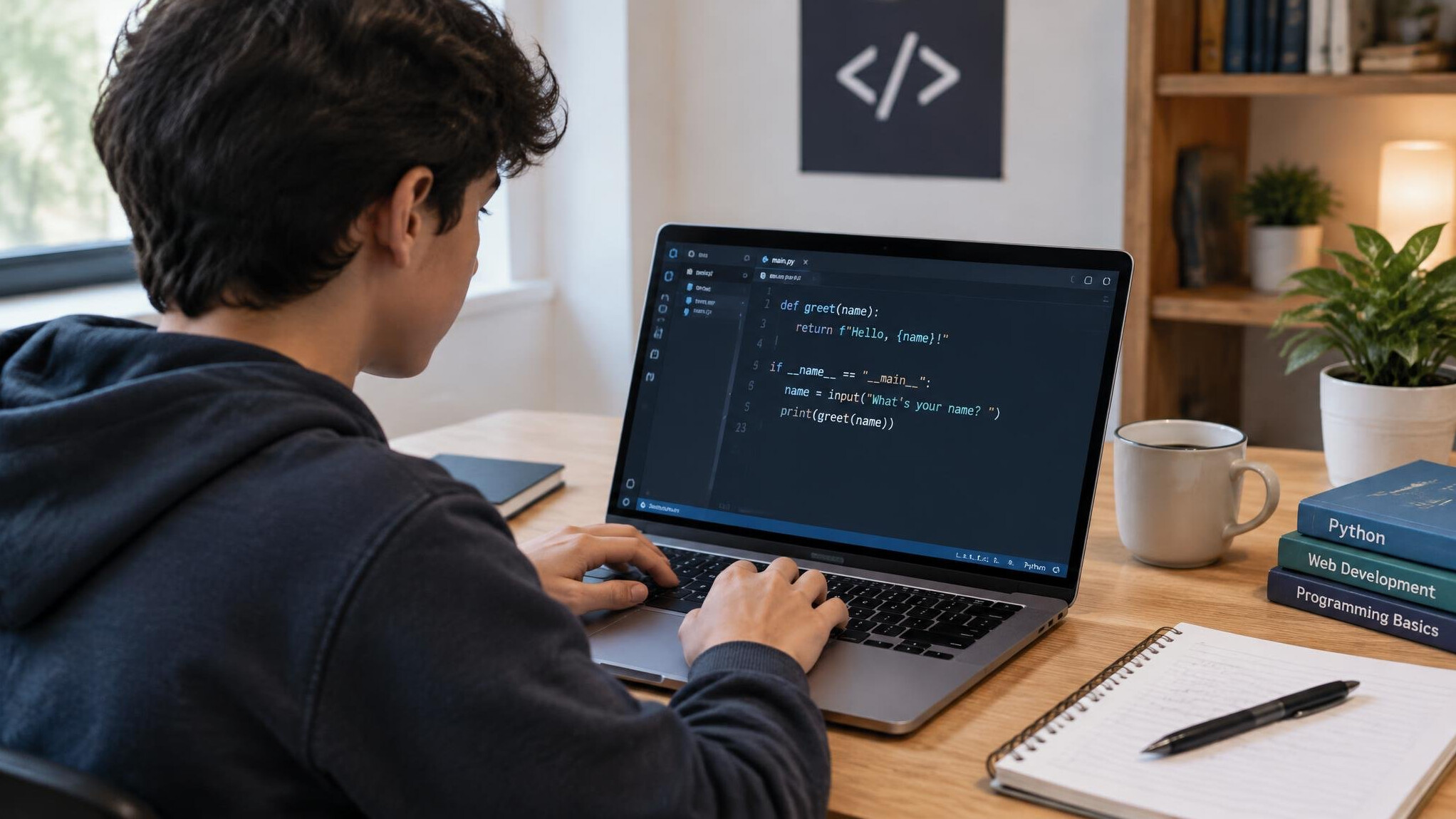 beginner programmer at desk