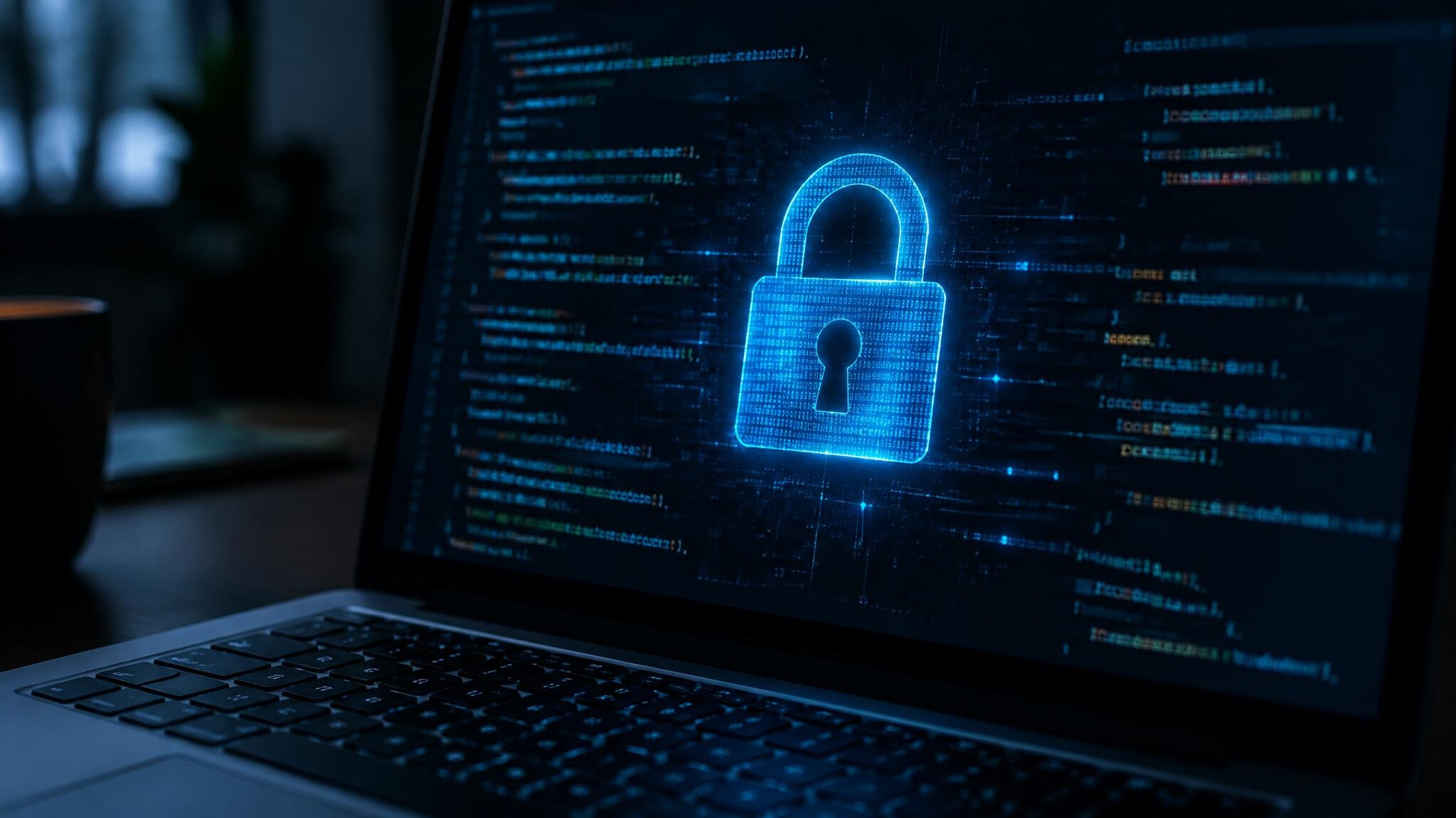 Laptop screen displaying a digital padlock and security code