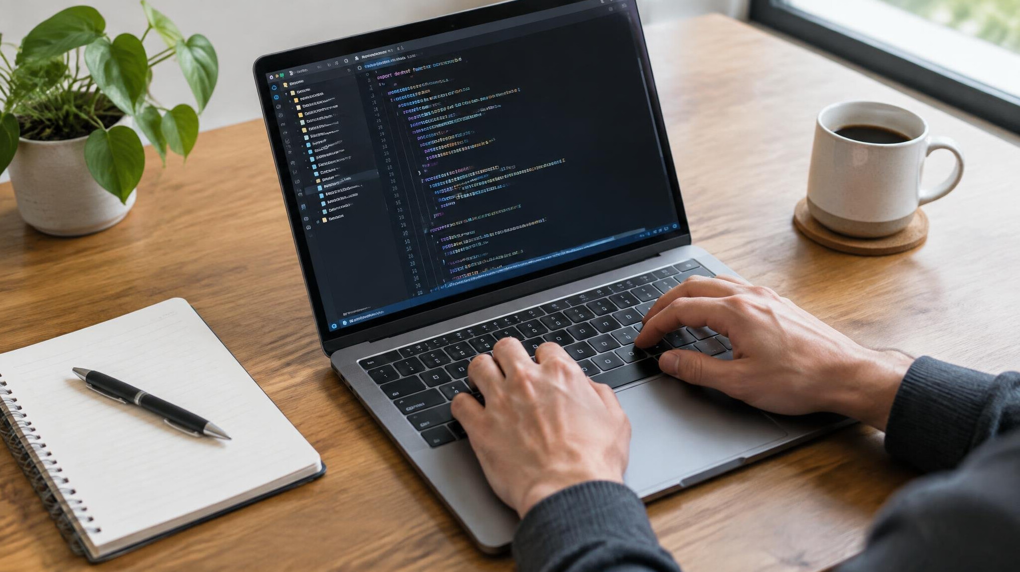 Person typing code on a laptop at a desk