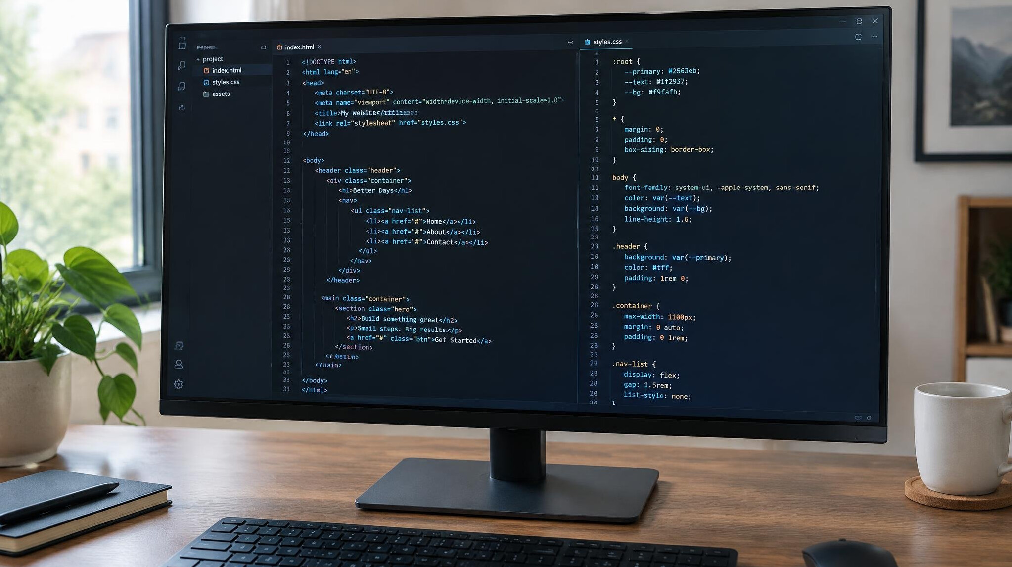 Developer writing HTML and CSS code on a widescreen monitor