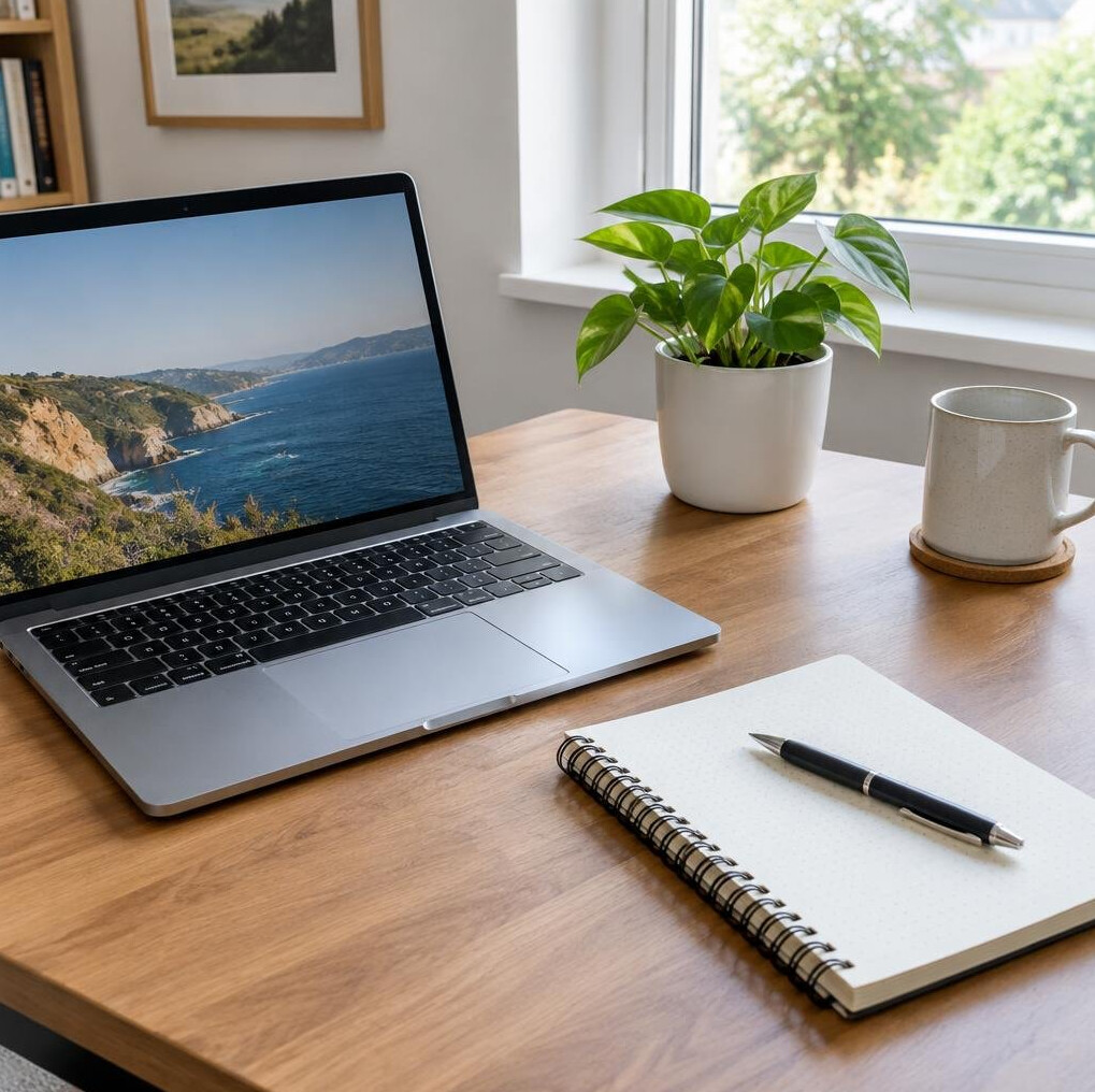 Organized desk workspace with a laptop and notebook