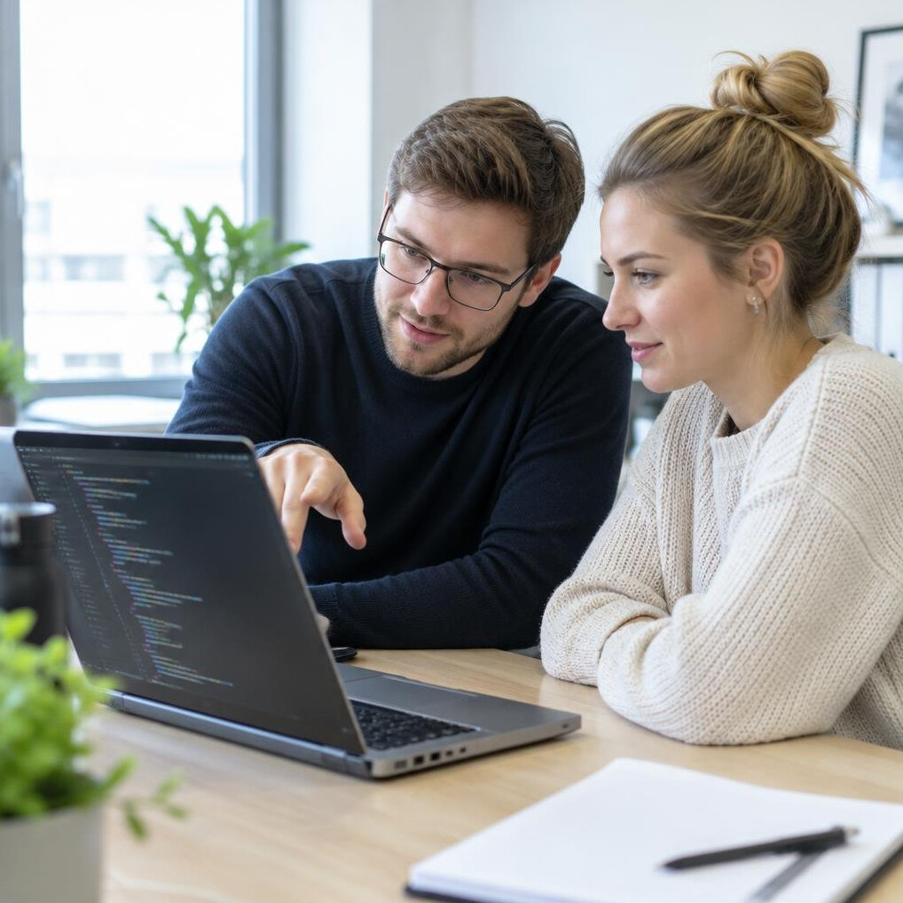 Two people reviewing programming code together on a laptop