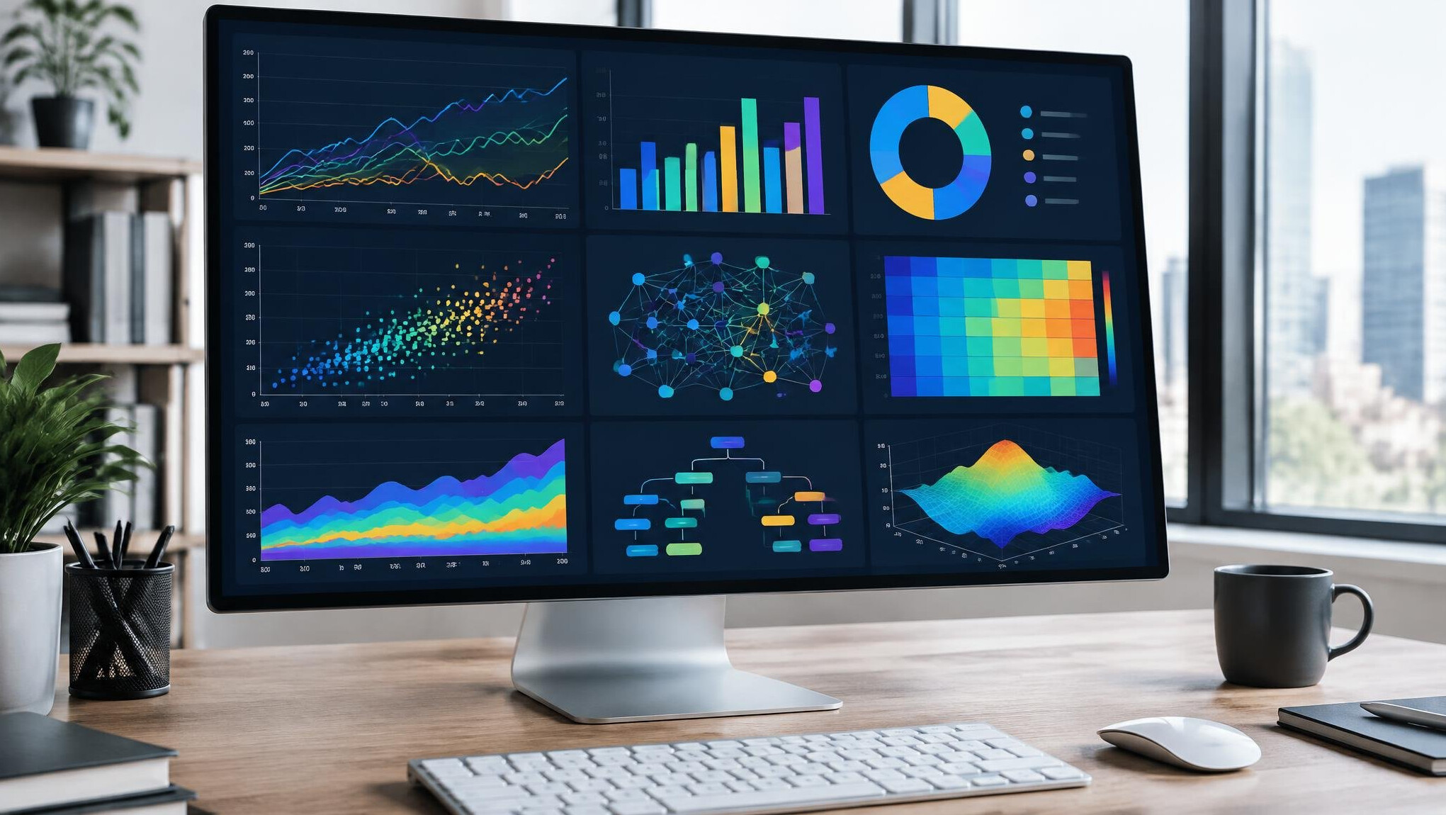 Screen showing colorful data charts and graphs